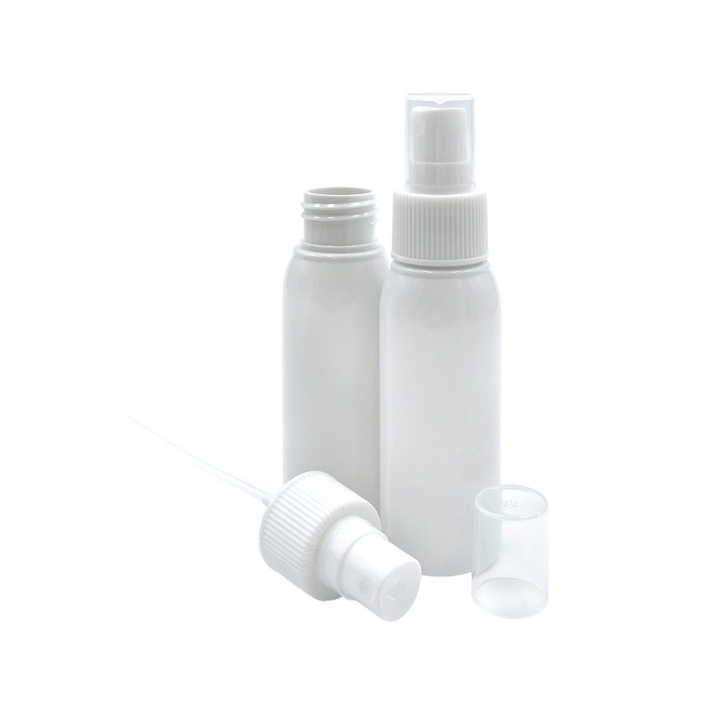 Hautspray-Set: Flasche PET weiß 60 ml + Spray + Kappe pro 33